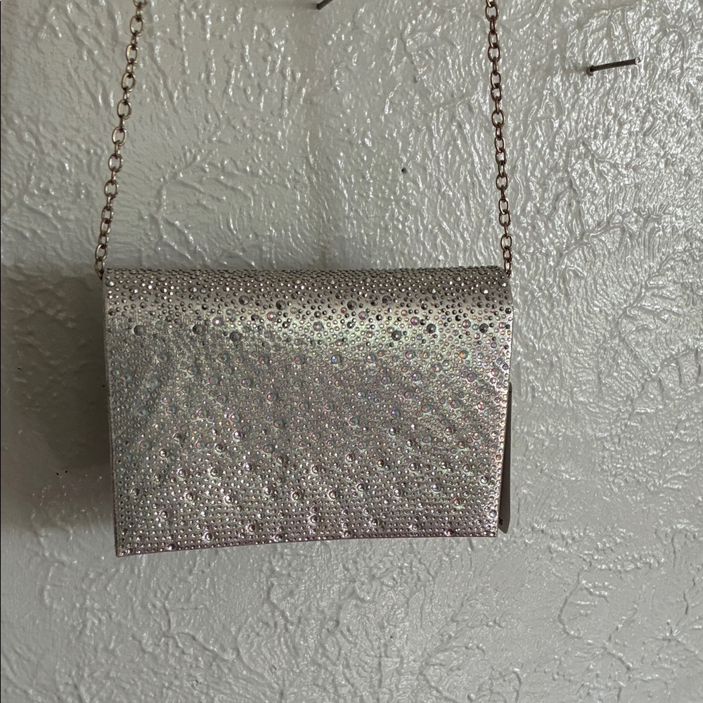 Gunne Sax Silver Rhinestone Evening Clutch with Chain